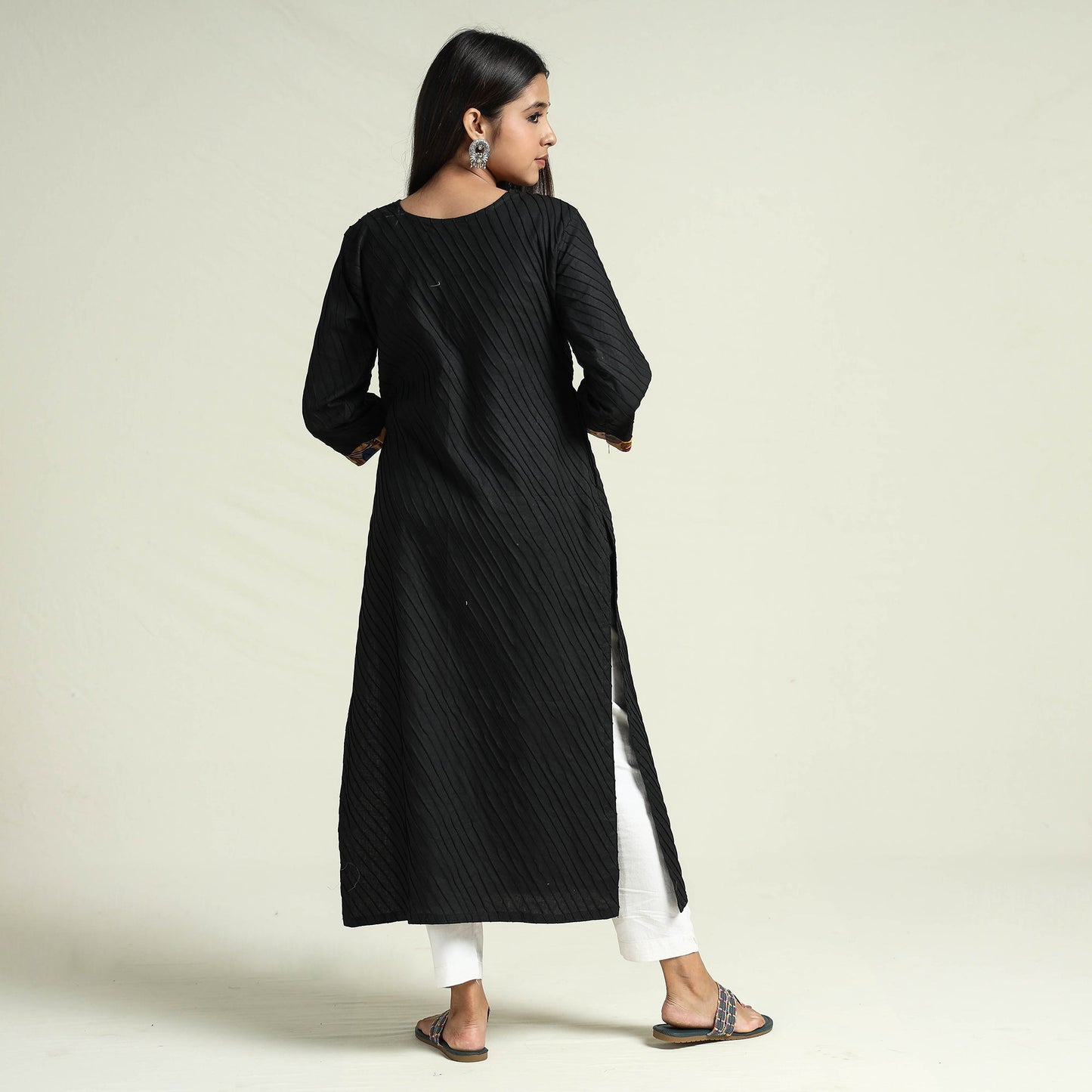 Buy Srikalahasti Kalamkari Patchwork Pintuck Plain Cotton Long kurta Online at iTokri.com