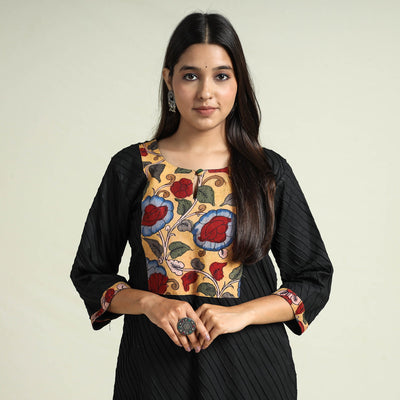 Buy Srikalahasti Kalamkari Patchwork Pintuck Plain Cotton Long kurta Online at iTokri.com