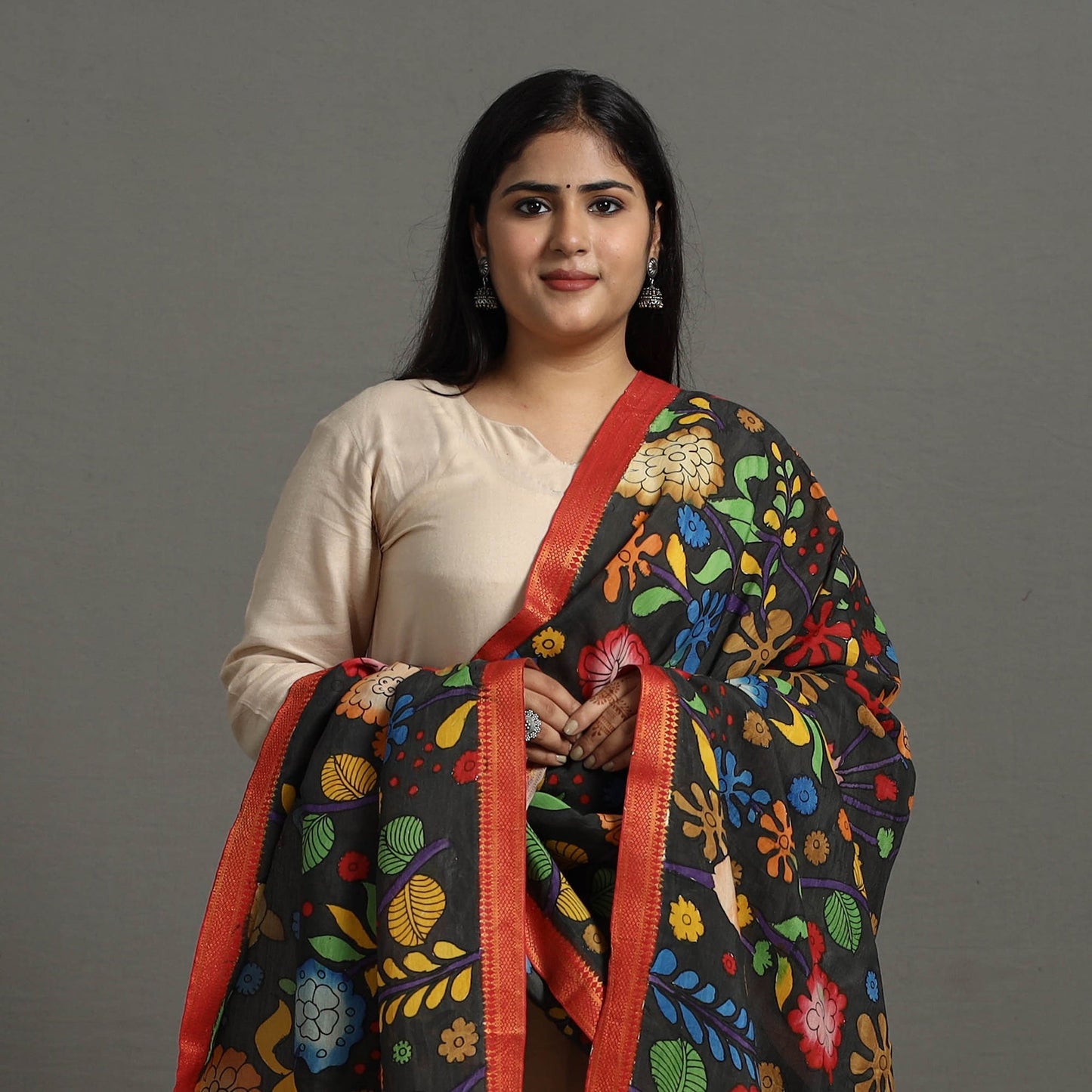 Black - chanderi silk srikalahasti handpainted pen