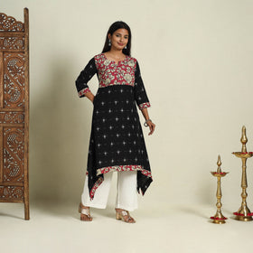 Black Srikalahasti Mosaic Fusion Cotton A-Line Ikat Kurta for Women
