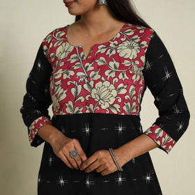 Black Srikalahasti Mosaic Fusion Cotton A-Line Ikat Kurta for Women