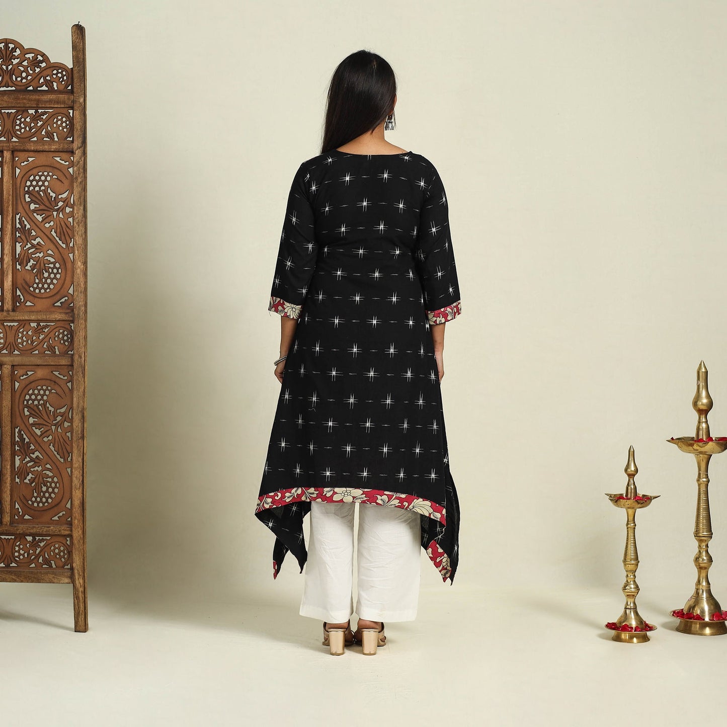 Black Srikalahasti Mosaic Fusion Cotton A-Line Ikat Kurta for Women