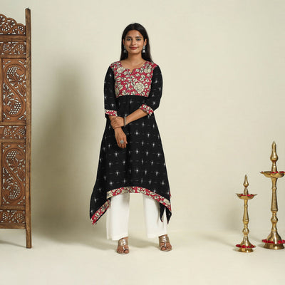 Black Srikalahasti Mosaic Fusion Cotton A-Line Ikat Kurta for Women