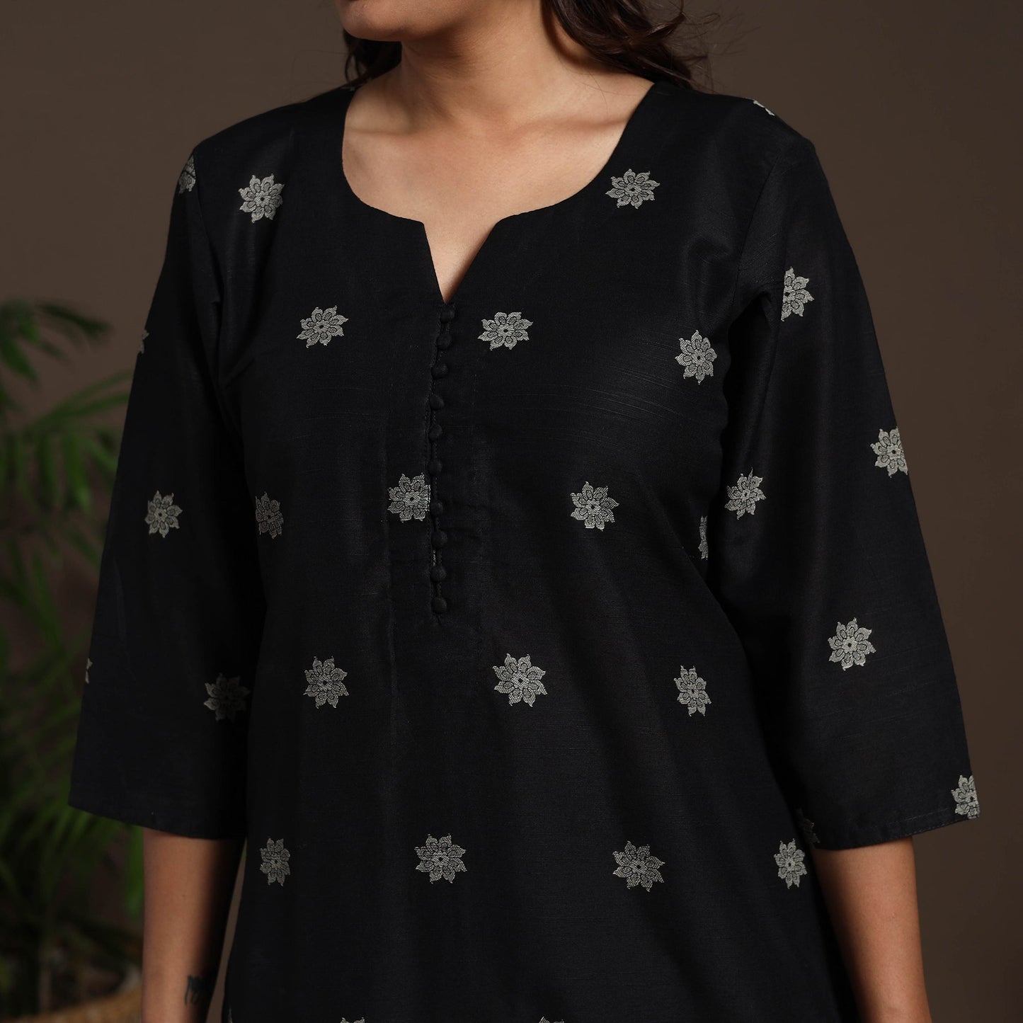 Black - straight buti work spun dupion silk plain kurta set