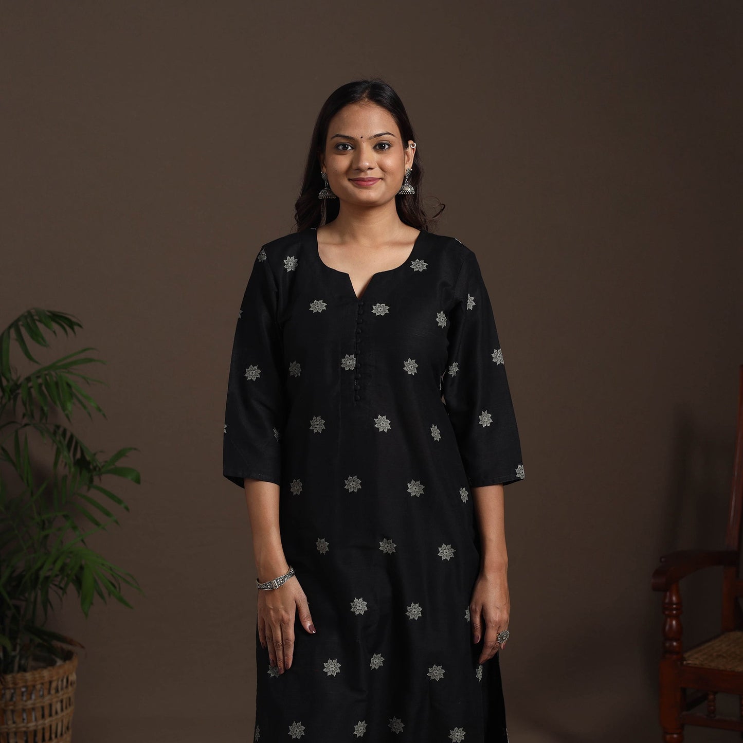 Black - straight buti work spun dupion silk plain kurta set
