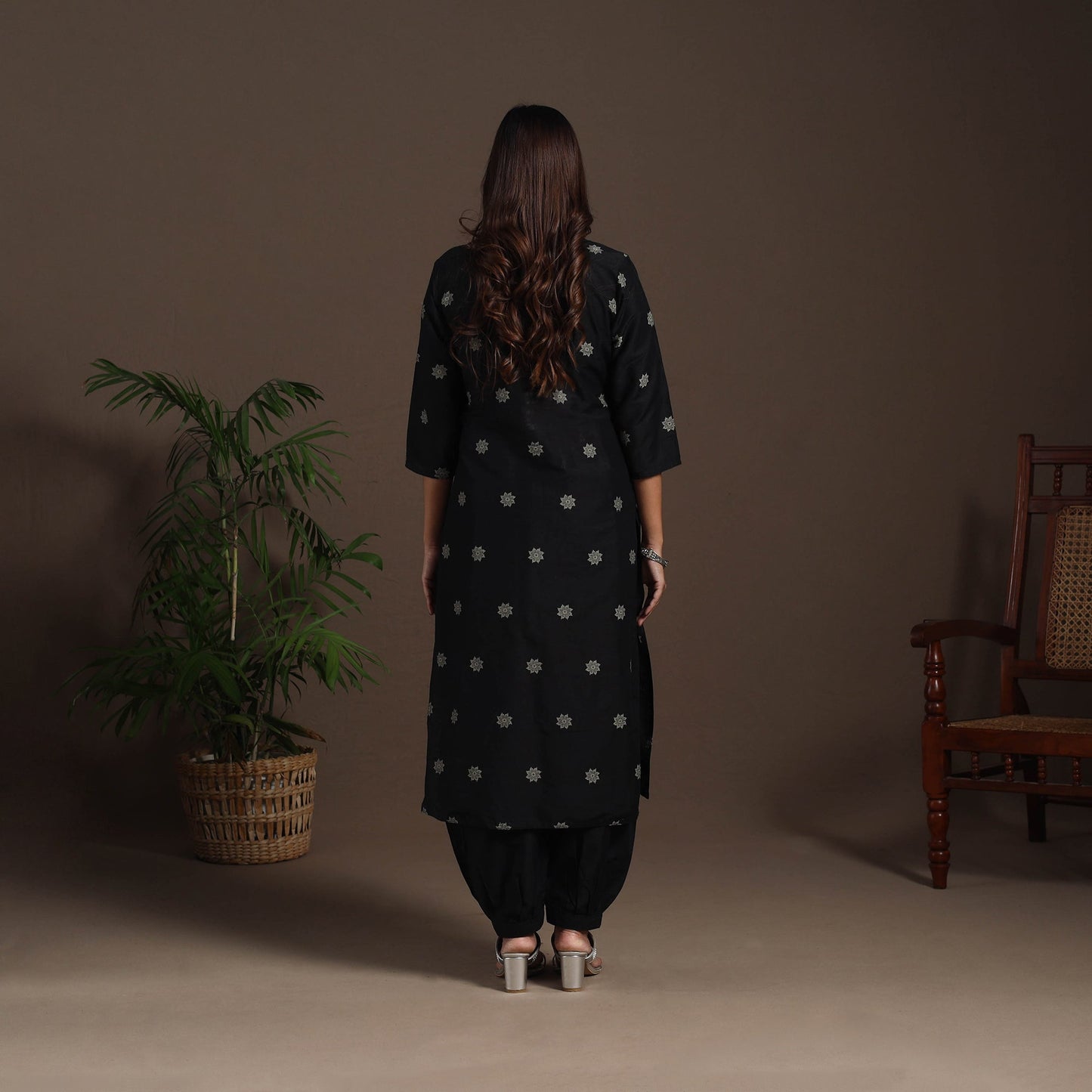 Black - straight buti work spun dupion silk plain kurta set