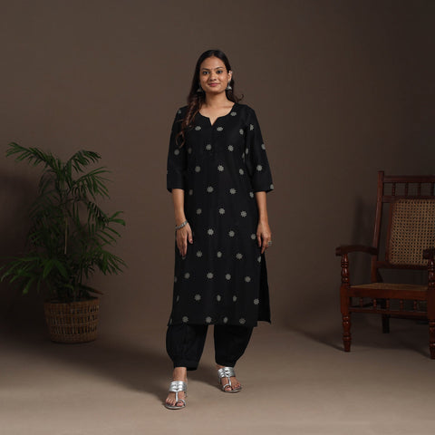 Black - straight buti work spun dupion silk plain kurta set