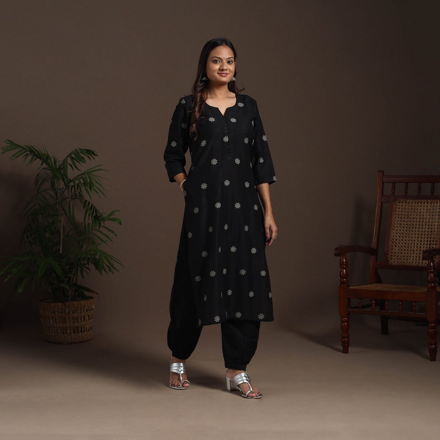 Black - straight buti work spun dupion silk plain kurta set
