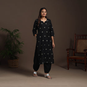 Black - straight buti work spun dupion silk plain kurta set