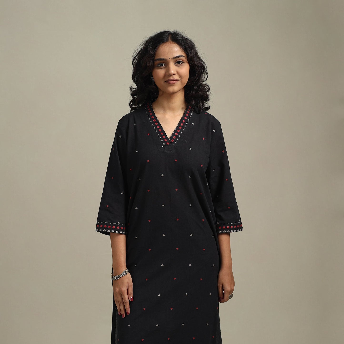 Black - straight cotton jacquard kurta 13 - handcrafted