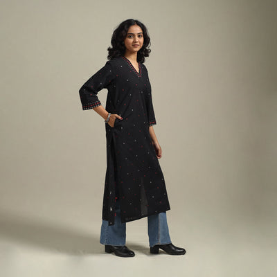 Black - straight cotton jacquard kurta 13 - handcrafted