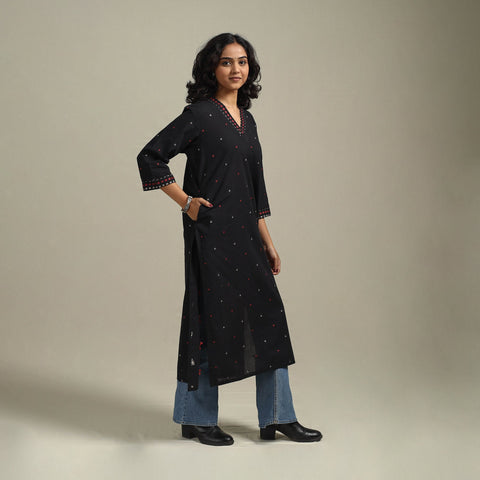 Black - straight cotton jacquard kurta 13 - handcrafted