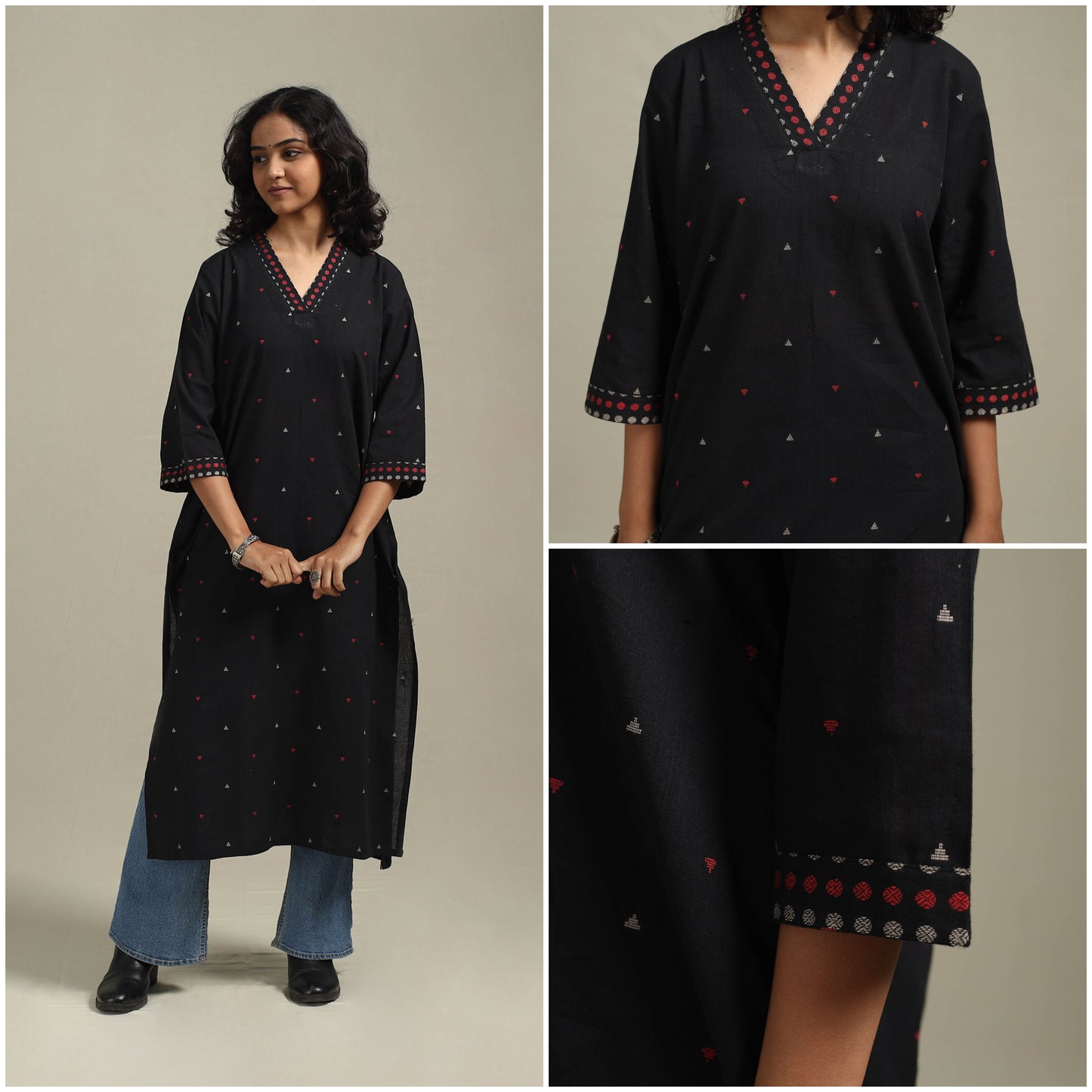 Black - straight cotton jacquard kurta 13 - handcrafted
