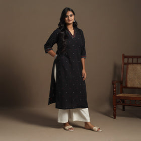 Black Straight Cotton Jacquard Kurta