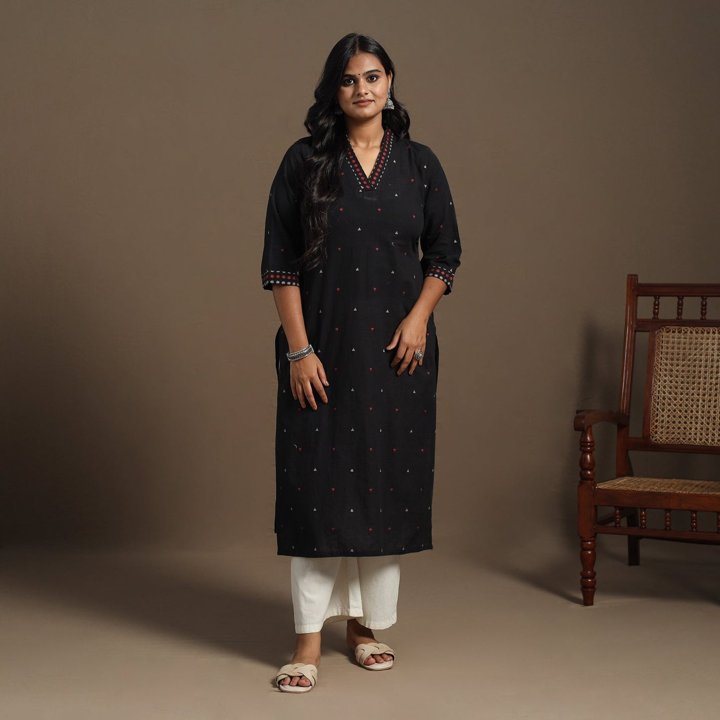 Black Straight Cotton Jacquard Kurta