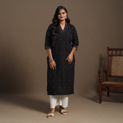 Black Straight Cotton Jacquard Kurta
