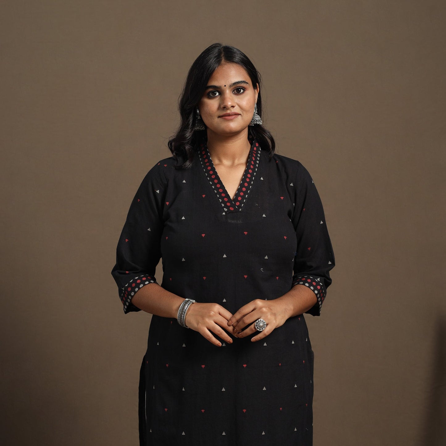 Black Straight Cotton Jacquard Kurta