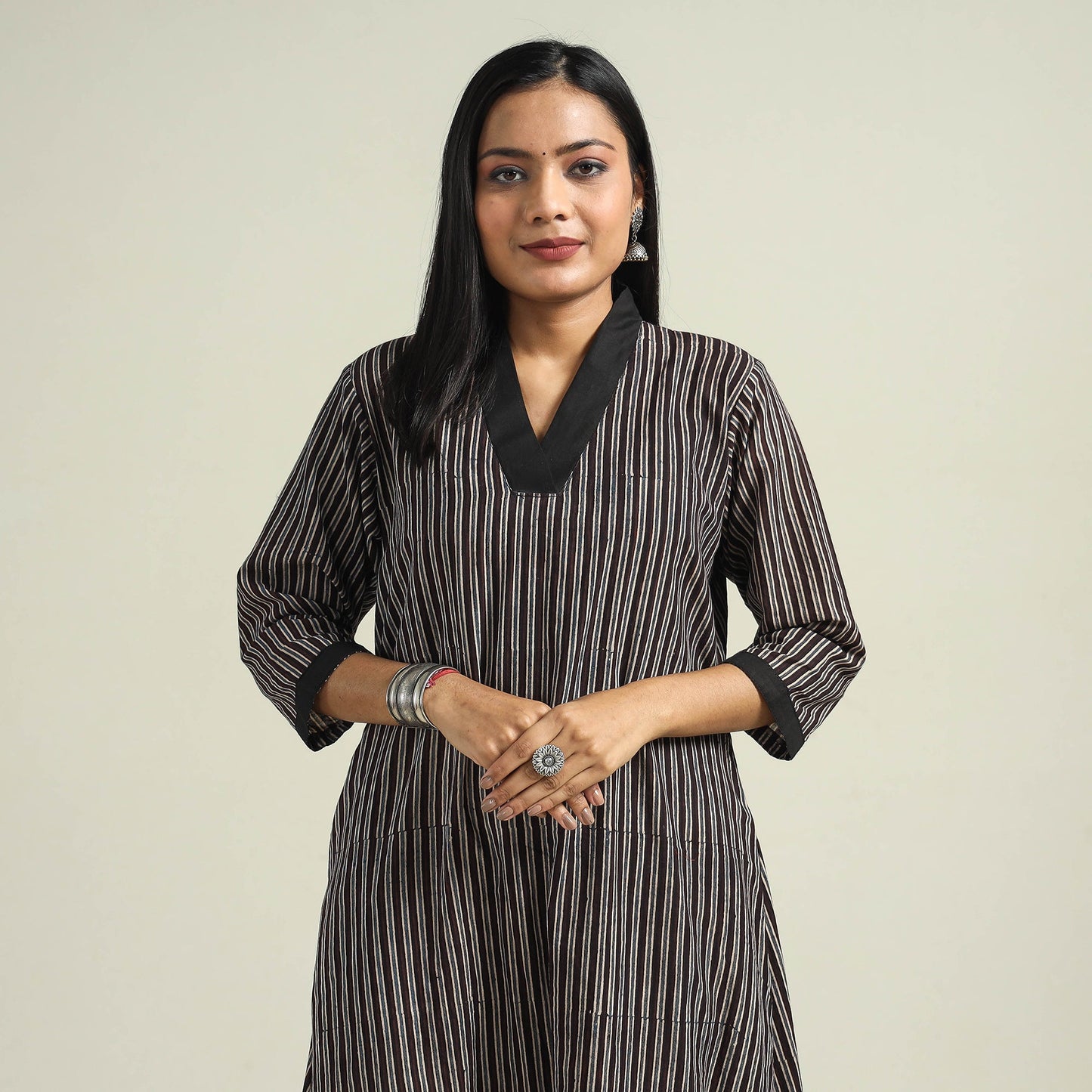 Black - with Stripes Ajrakh Hand Block Printed Cotton A-Line Kurta