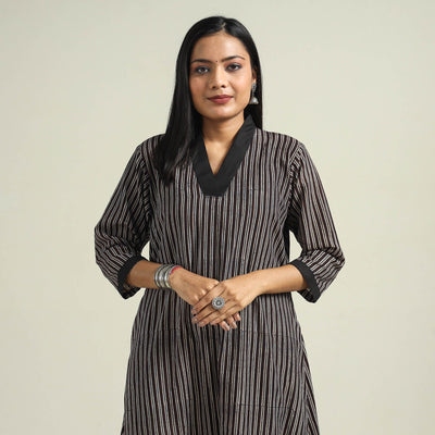 Black - with Stripes Ajrakh Hand Block Printed Cotton A-Line Kurta
