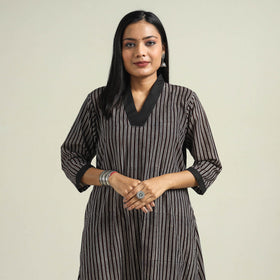 Black - with Stripes Ajrakh Hand Block Printed Cotton A-Line Kurta