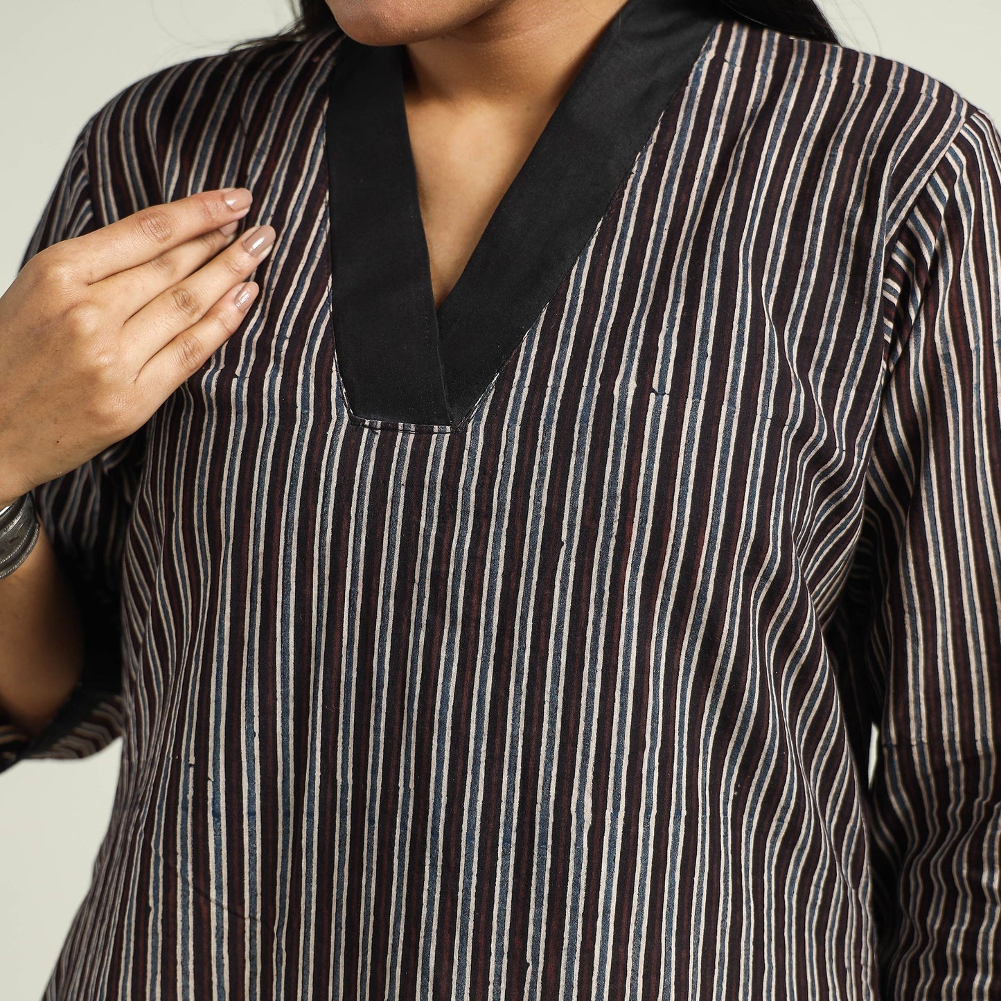 Black - with Stripes Ajrakh Hand Block Printed Cotton A-Line Kurta