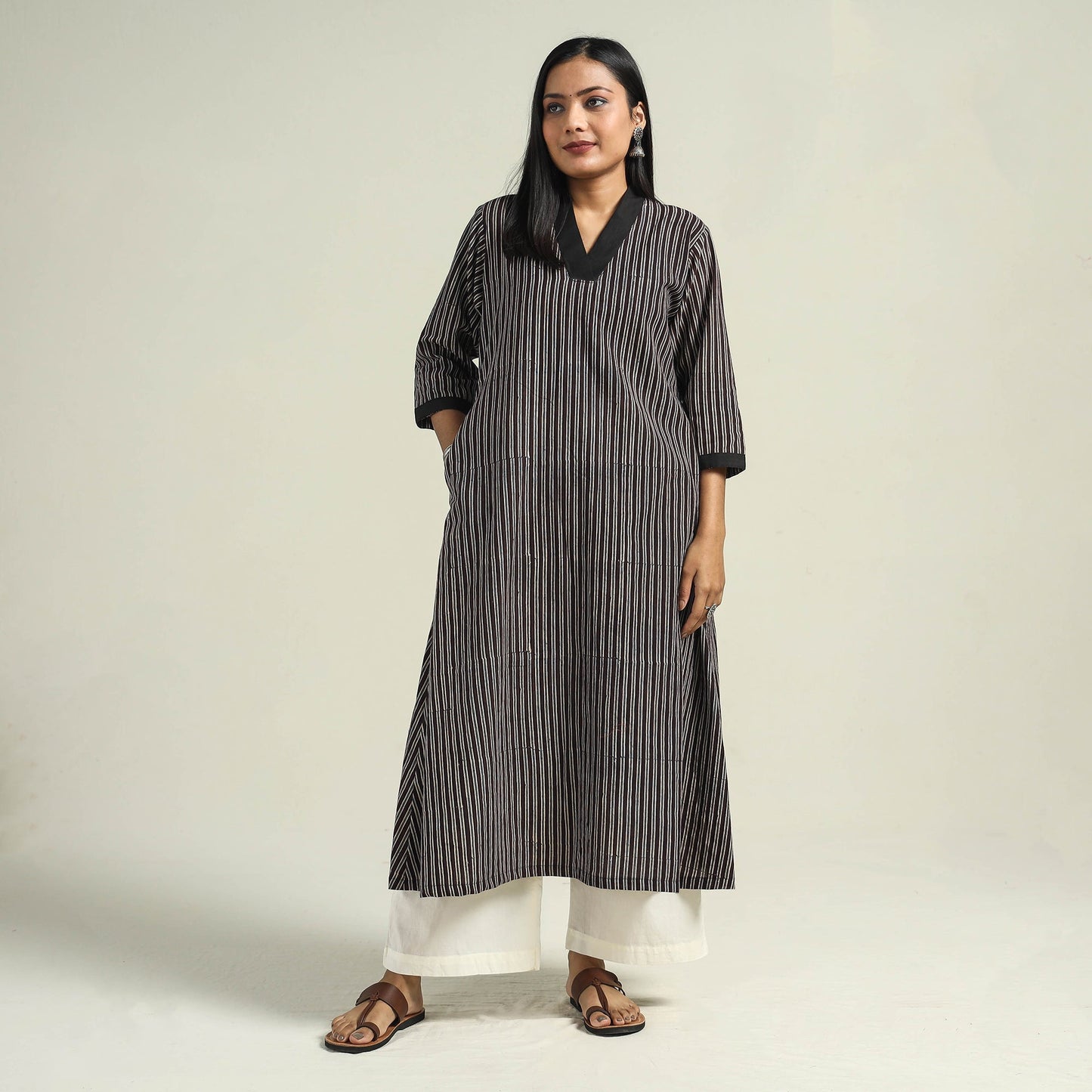 Black - with Stripes Ajrakh Hand Block Printed Cotton A-Line Kurta