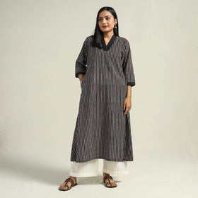 Black - with Stripes Ajrakh Hand Block Printed Cotton A-Line Kurta