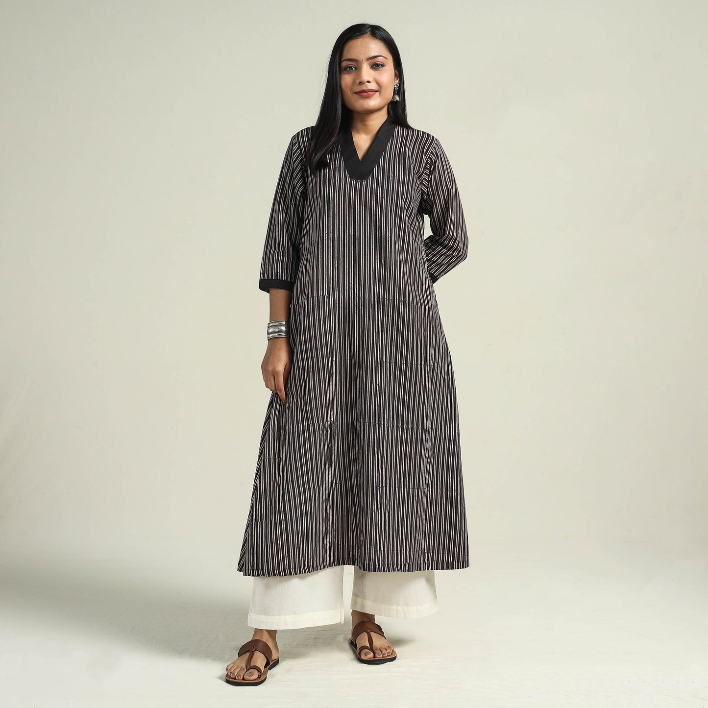 Black - with Stripes Ajrakh Hand Block Printed Cotton A-Line Kurta