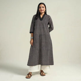 Black - with Stripes Ajrakh Hand Block Printed Cotton A-Line Kurta