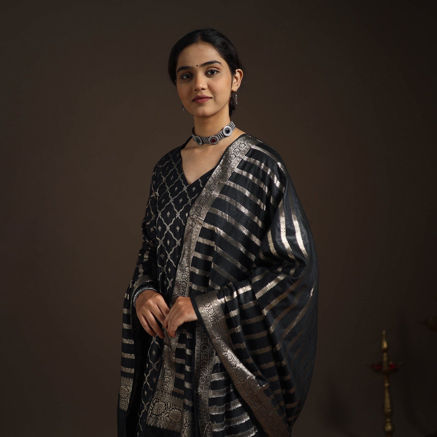 Black - tanchoi silk cotton banarasi kurta set for women