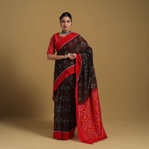 Black Telia Rumal Handloom Cotton Pochampally Double Ikat Saree