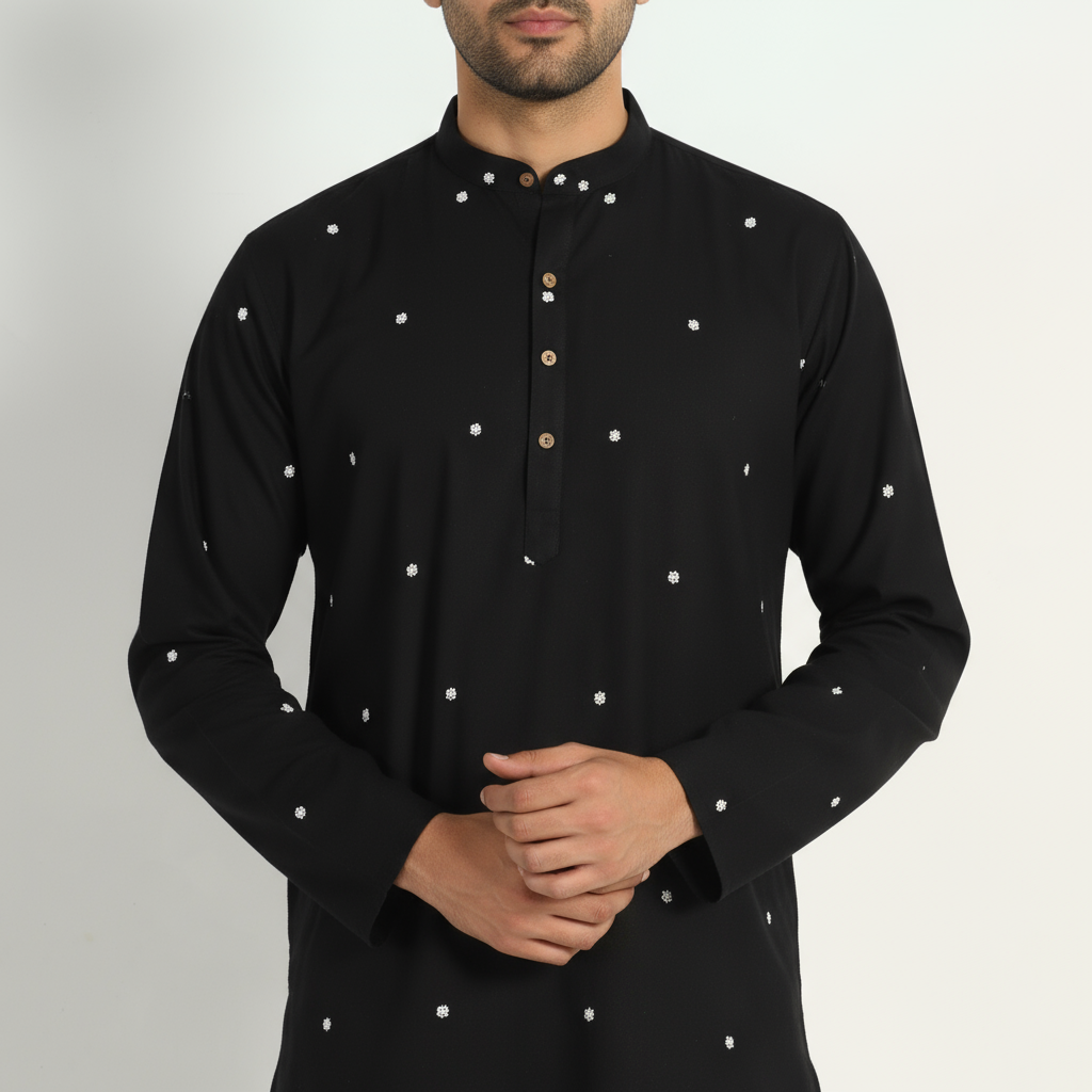 Black - thread buti cotton long plain kurta for men 02