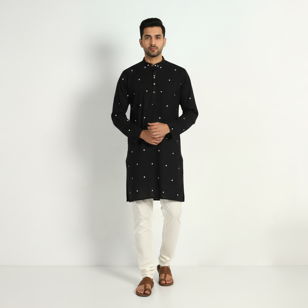 Black - thread buti cotton long plain kurta for men 02
