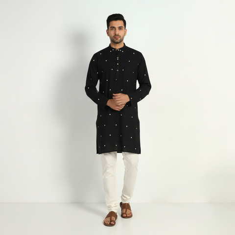 Black - thread buti cotton long plain kurta for men 02