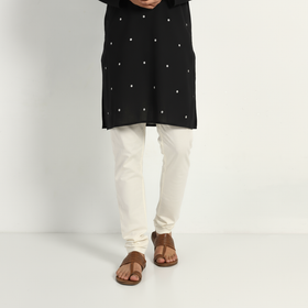 Black - thread buti cotton long plain kurta for men 02