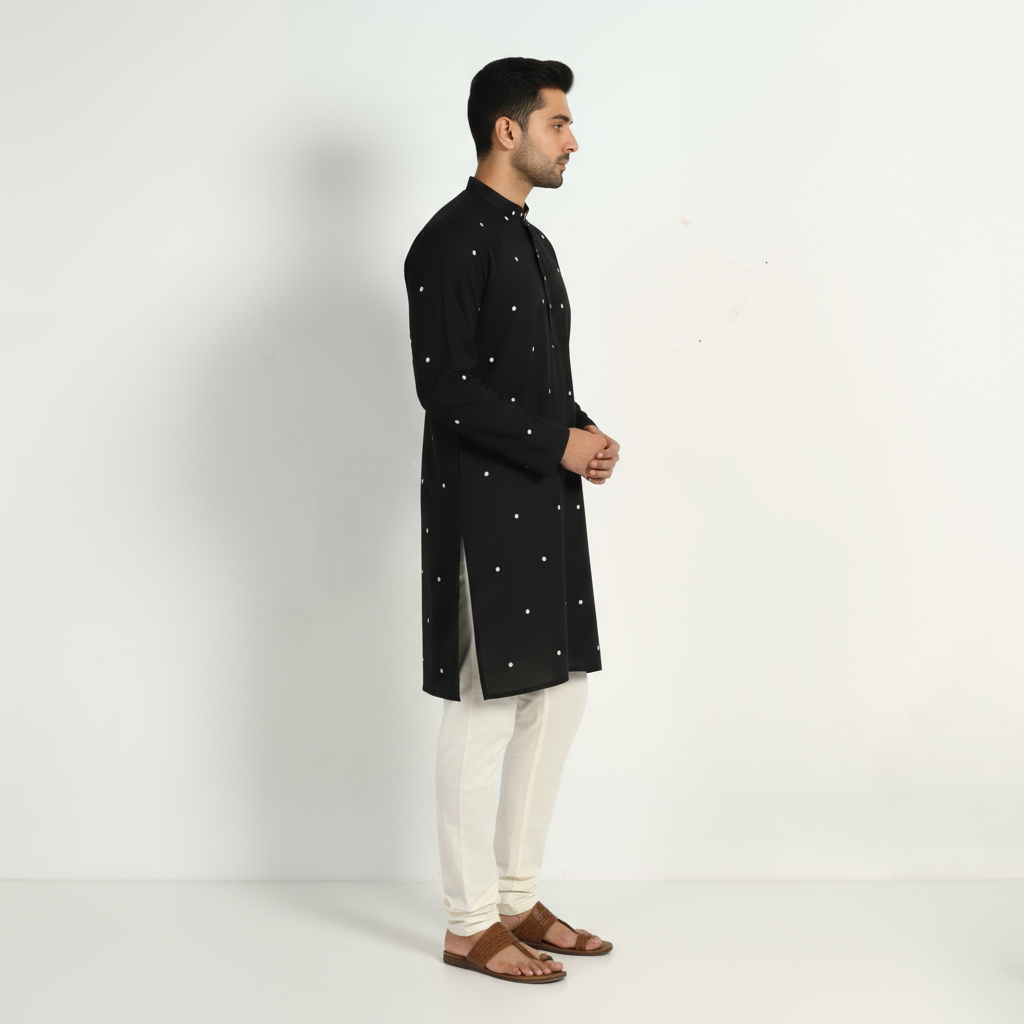 Black - thread buti cotton long plain kurta for men 02