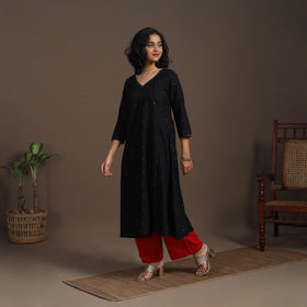 Black - thread buti work cotton plain kurta set (set of 2)