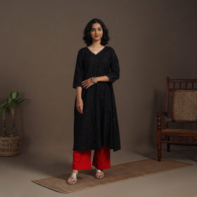 Black - thread buti work cotton plain kurta set (set of 2)