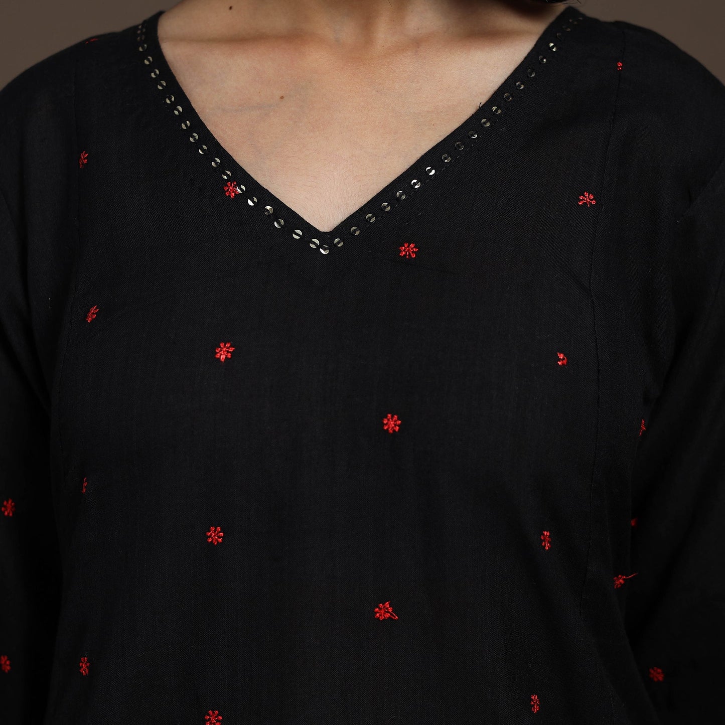 Black - thread buti work cotton plain kurta set (set of 2)