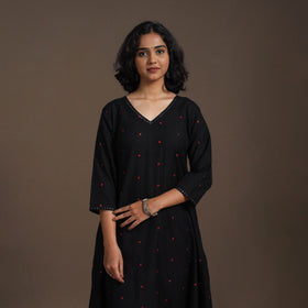 Black - thread buti work cotton plain kurta set (set of 2)