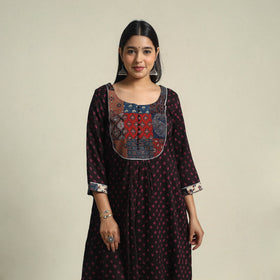 Black Tie-dye Cotton Patchwork A-Line Bandhani Kurta for Women