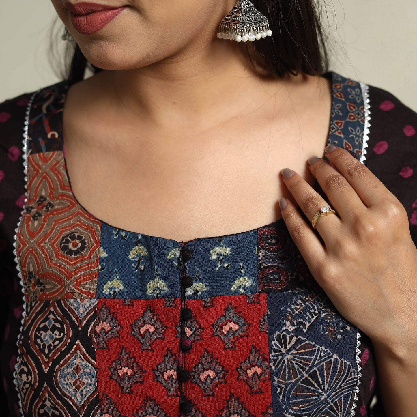 Black Tie-dye Cotton Patchwork A-Line Bandhani Kurta for Women