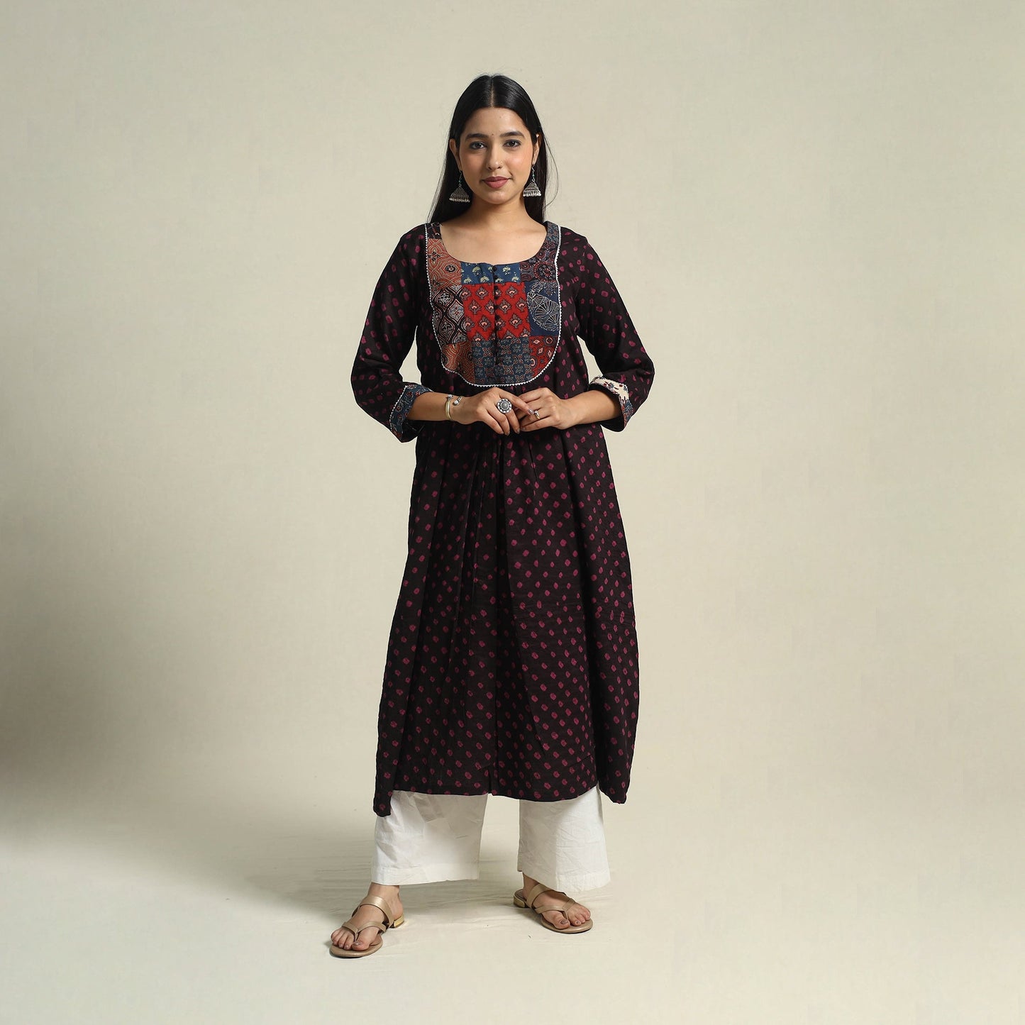 Black Tie-dye Cotton Patchwork A-Line Bandhani Kurta for Women