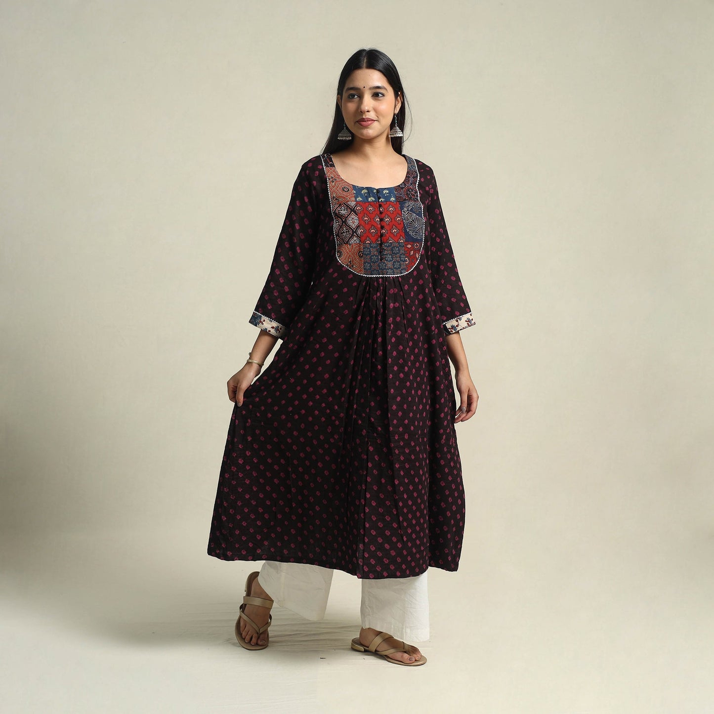 Black Tie-dye Cotton Patchwork A-Line Bandhani Kurta for Women
