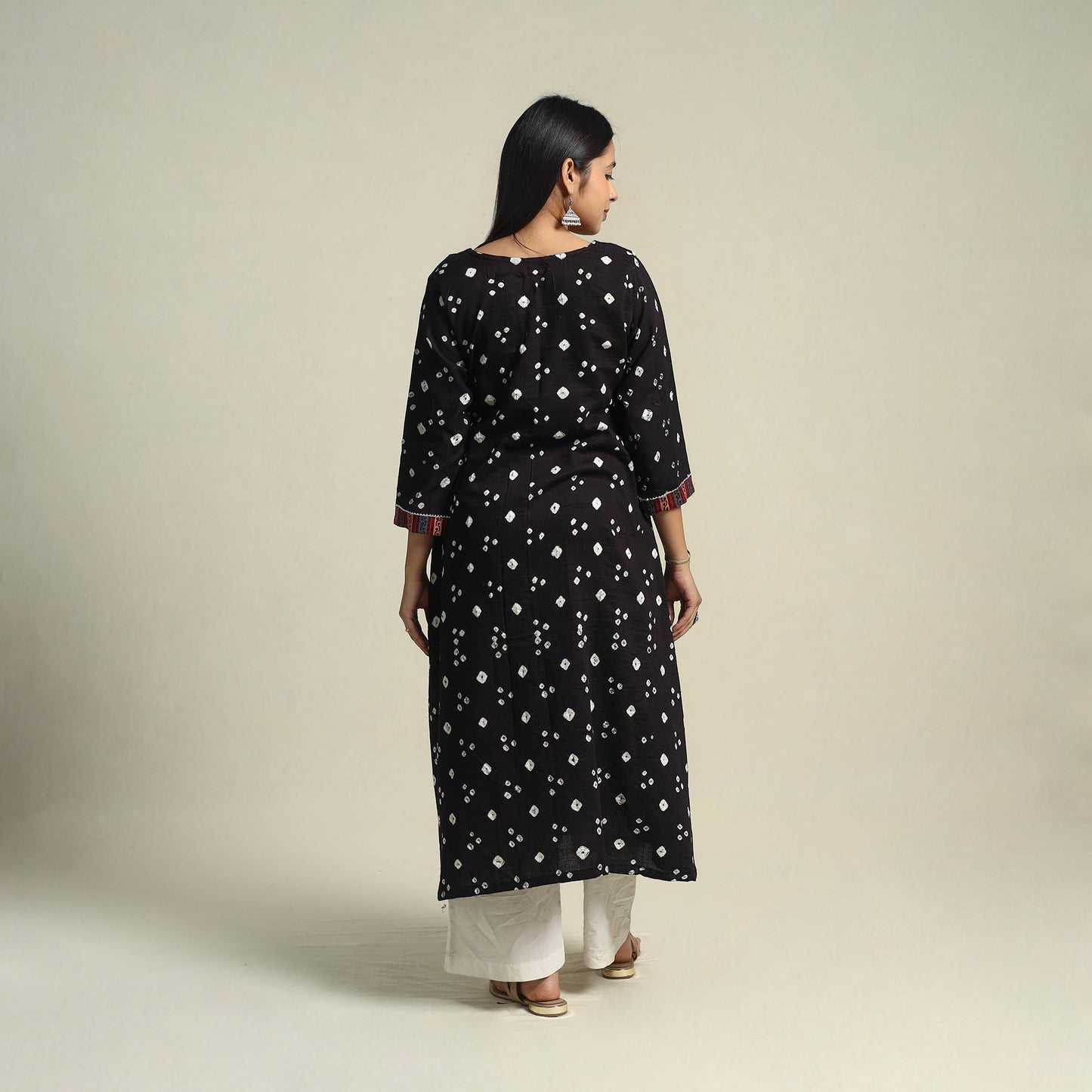 Black Tie-dye Cotton Patchwork A-Line Bandhani Kurta for Women