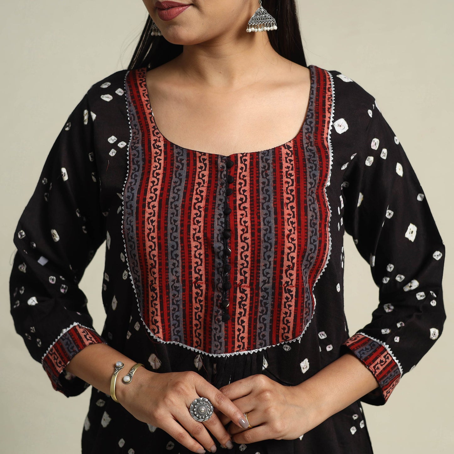 Black Tie-dye Cotton Patchwork A-Line Bandhani Kurta for Women