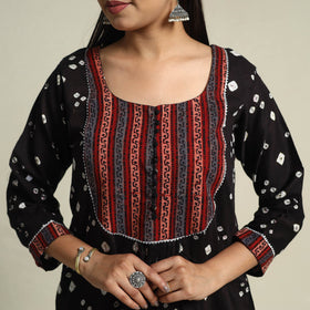 Black Tie-dye Cotton Patchwork A-Line Bandhani Kurta for Women