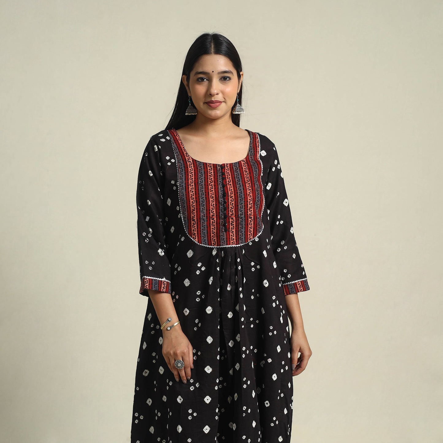 Black Tie-dye Cotton Patchwork A-Line Bandhani Kurta for Women