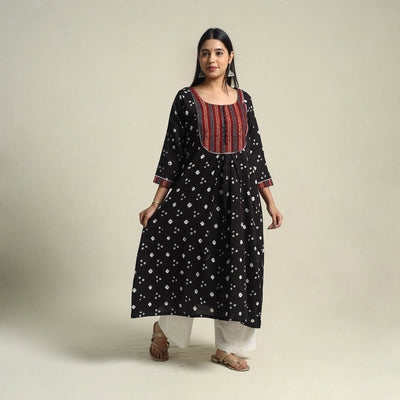 Black Tie-dye Cotton Patchwork A-Line Bandhani Kurta for Women