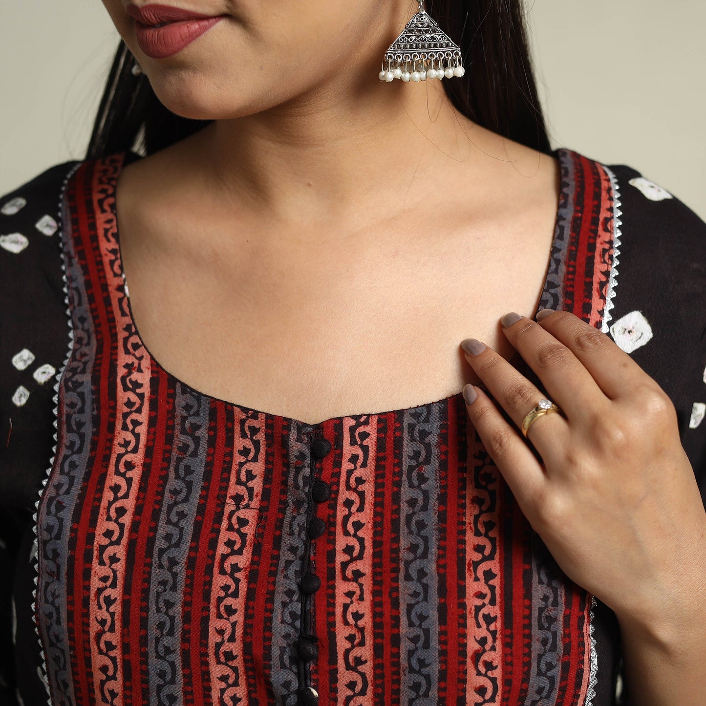 Black Tie-dye Cotton Patchwork A-Line Bandhani Kurta for Women